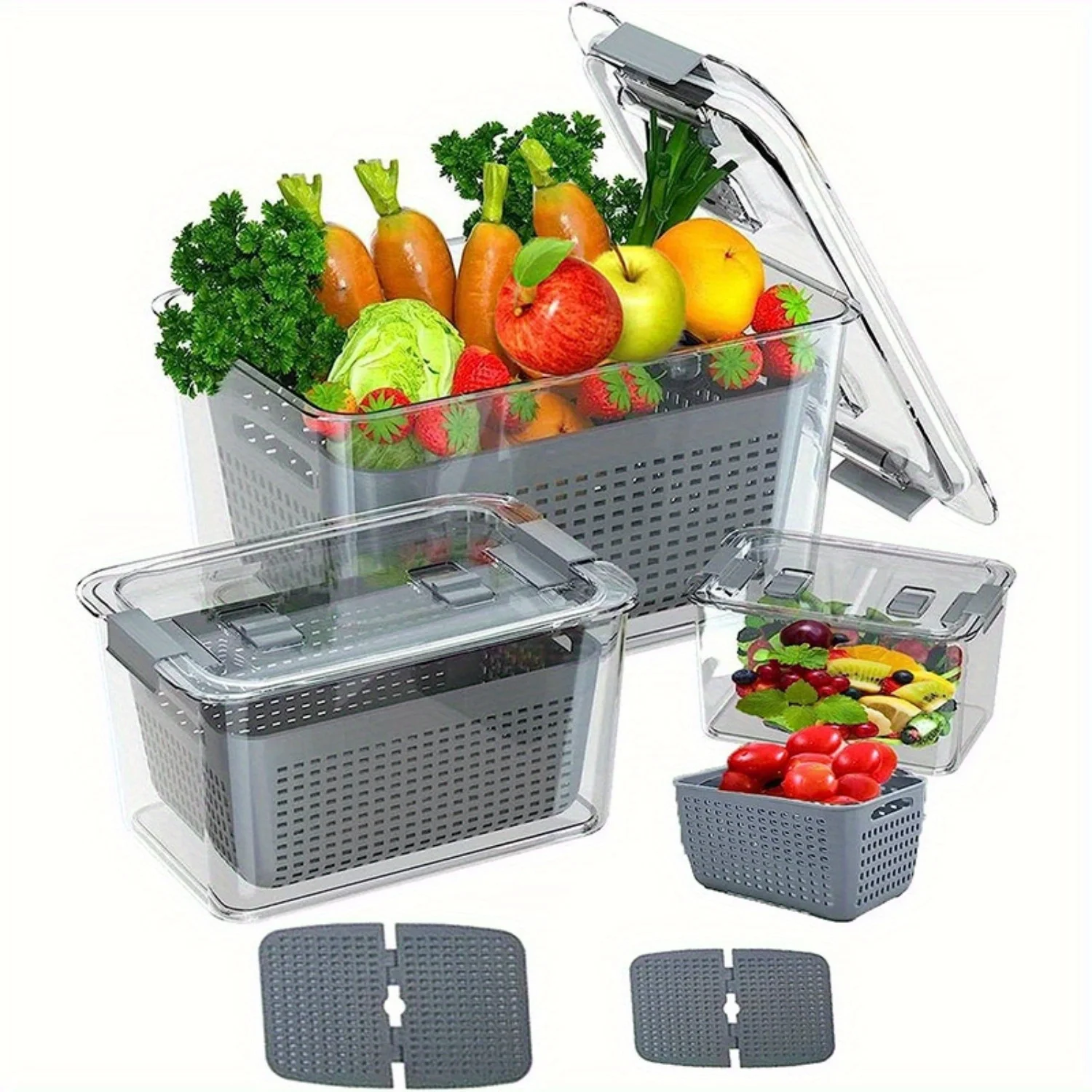 3pc/ Set Kitchen Spaces Colander Food Storage Containers for Fridge, Gray, Variety Pack, 3 Sizes