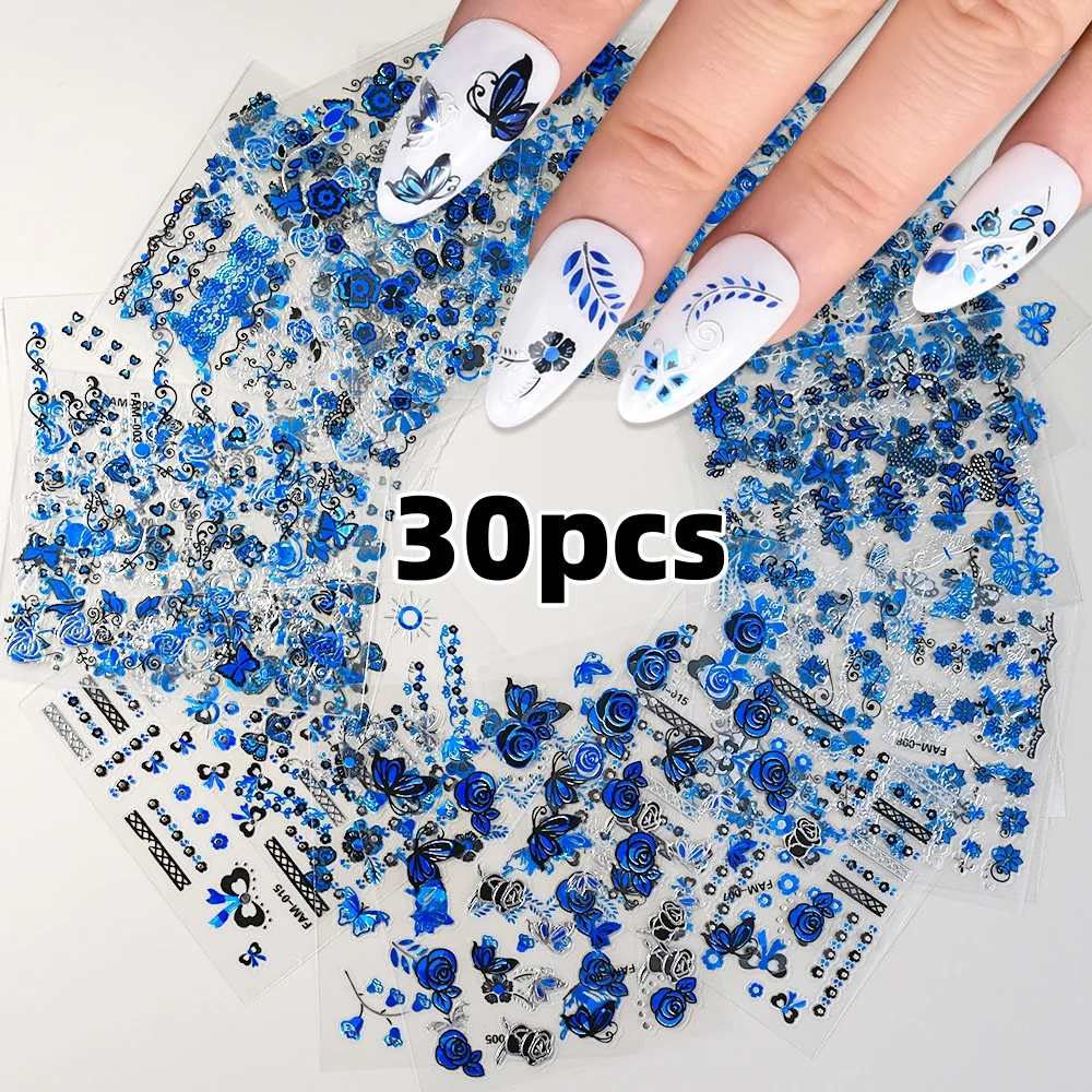 30pcs Mystic Dream Blue Butterfly 3D Nail Art Stickers Gold/Silver Self-Adhesive Sliders Sparkling Resin Decals for DIY Manicure