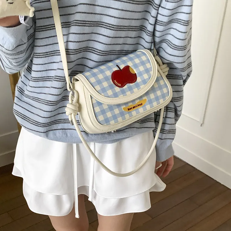 Sweet Korean Summer Dopamine Girls Handbag Blue Red Lively Cute Printed Apple Checkered Fashionable Casual Pu Shoulder Bag