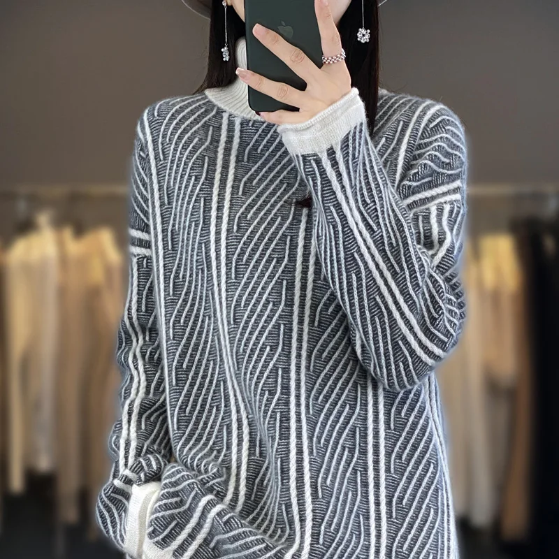 

Women 100% Cashmere Wool Sweater Turtleneck Strip Pullover Casual Knit Sweater Autumn Winter Thickening Warm Long Sleeve Top