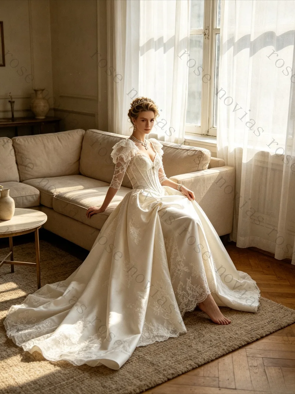 Customized Luxury Bubble Sleeves Lace Tight Corset Mermaid Wedding Dresses 2026 Exquisite Detachable Trailing Satin Bridal Gown