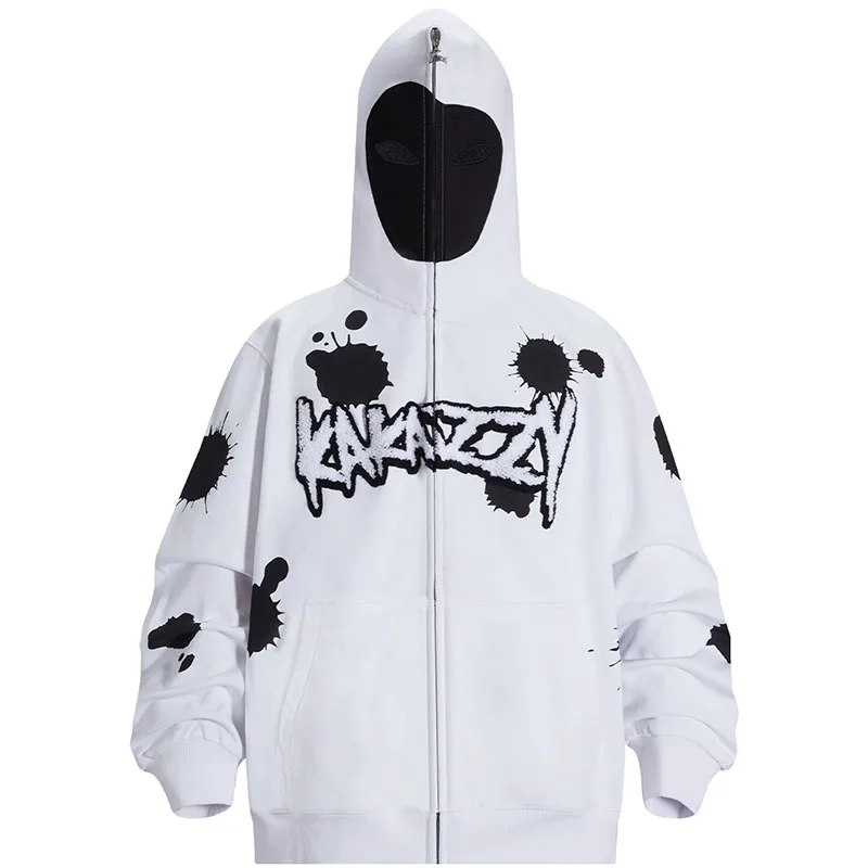 

Y2k letter printed pattern unisex hoodie with black and white patchwork color casual long sleeved pullover with hood for men and
