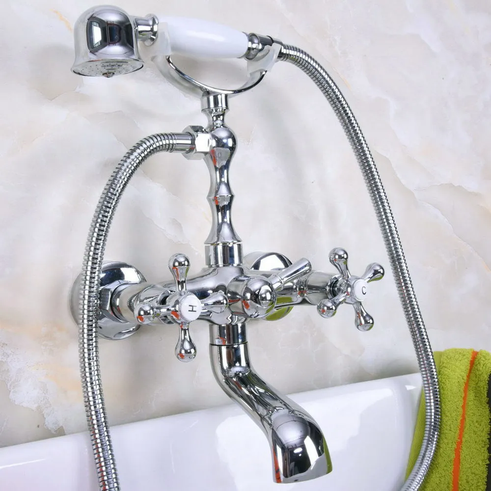 

Modern Chrome Wall Mount Telephone Euro Bath Tub Faucet Mixer Tap w/ Handheld Spray Shower