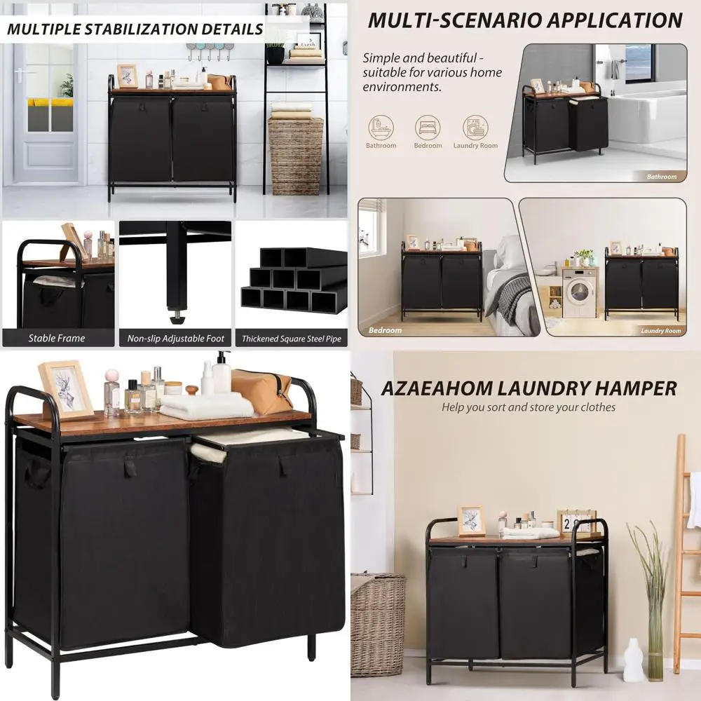 

2-Section Collapsible Laundry Basket with Shelf and Removable Bags, 49.9L Capacity, Brown