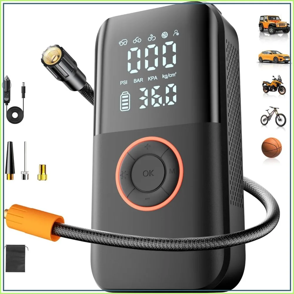 

150PSI Cordless Tire Pump, 12V DC & Battery Dual Power Auto Shut-Off Air Compressor for Car, Motorcycle, Bike, Ball - LED Light & Digital Display
