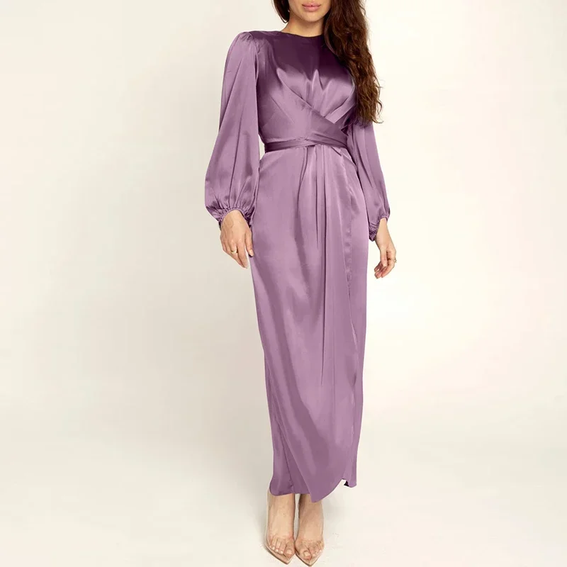 Women Arab Muslim Dresses Satin Long Sleeve Maxi Dress Solid Color Wrap Front Self-Tie Party Dress Prom Evening Robe De Soiree