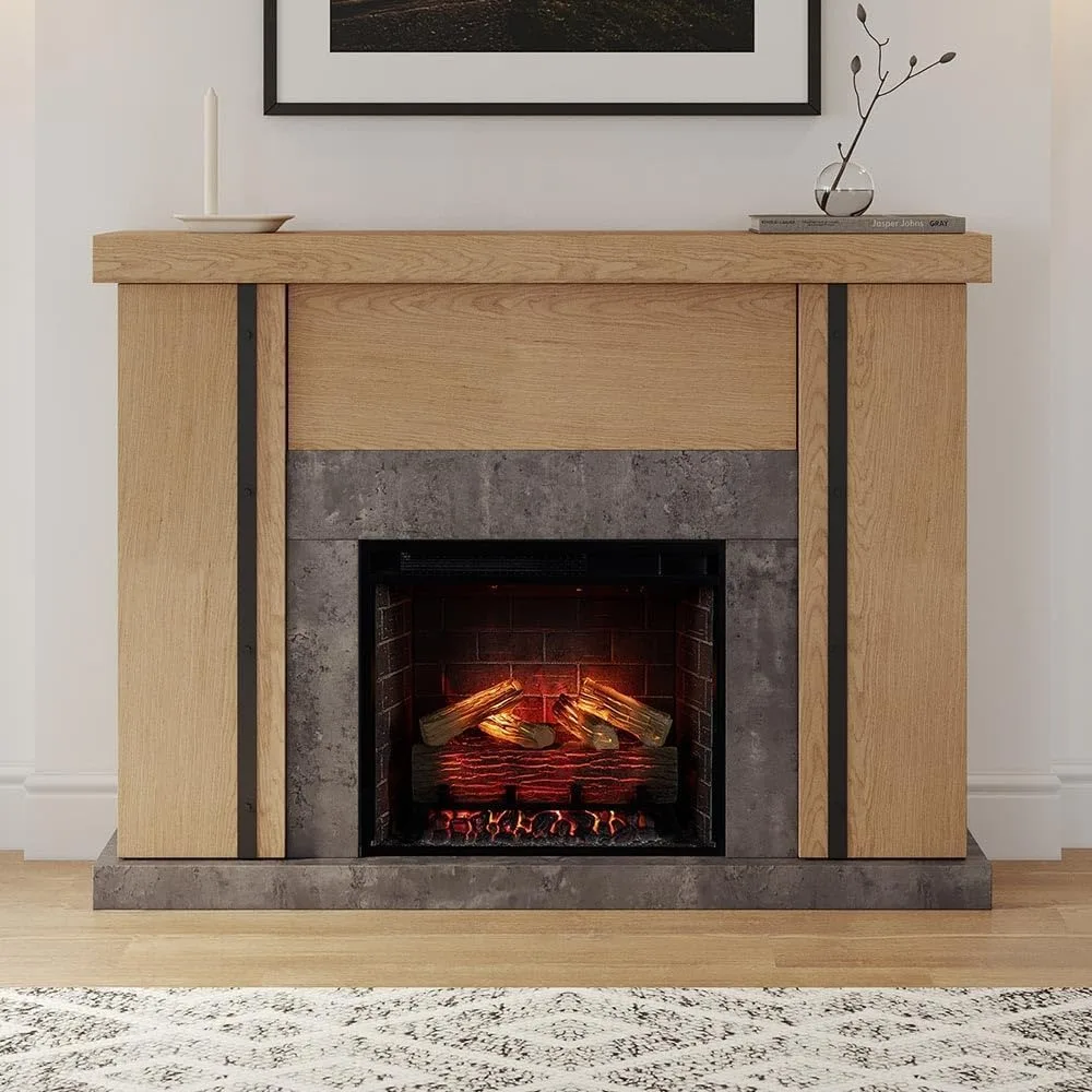 

Graham 55 Inch Mantel Package 23 Inch Electric Fireplace Insert Heater with Remote Oak Wood Finish Hidden Storage Space