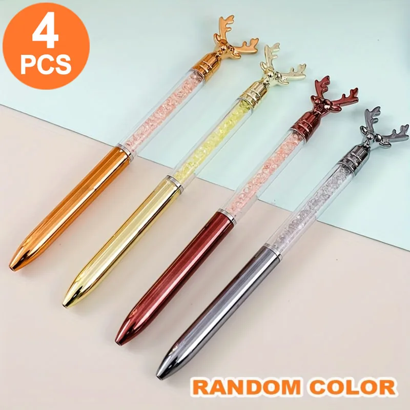 4 Reindeer Imitation Crystal Diamond Ballpoint Pens, 0.5mm Blue Ink, Fun Deer Head Design, Smooth Writing, Suitable for Handwritten Letters, Planning Notes, Holiday Parties, Office Supplies, School Supplies, Stationery Sets, Back-To-School Season