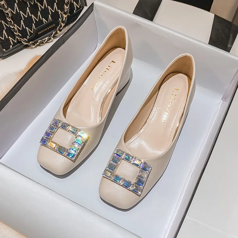 Size 35-43 Women Mid Chunky Heel Pumps Square Toe Bling Diamond Crystal Buckle Office Lady Leahter Shoes Slip on Fashion Shoes