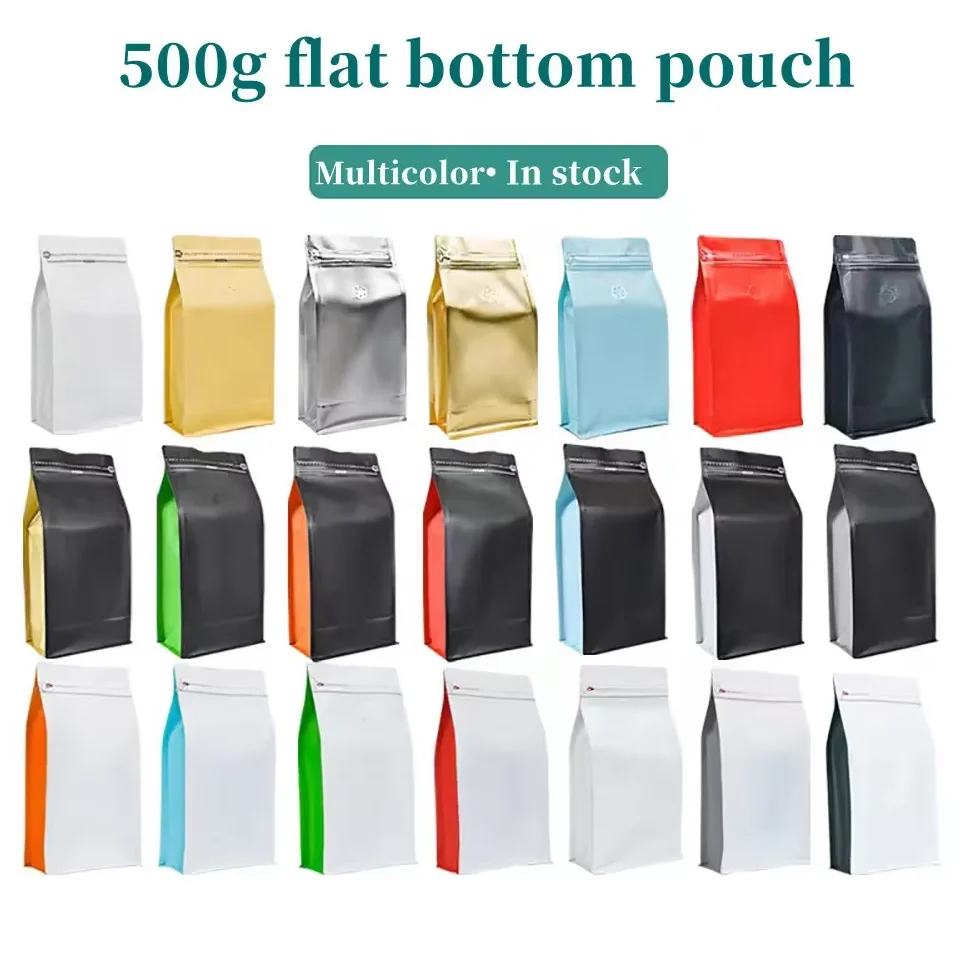 50pcs Matt Black White 500g Resealable Ziplock Bag for Pet Food Flat Bottom Pouch 16oz Coffee Bean Powder Valve Bag