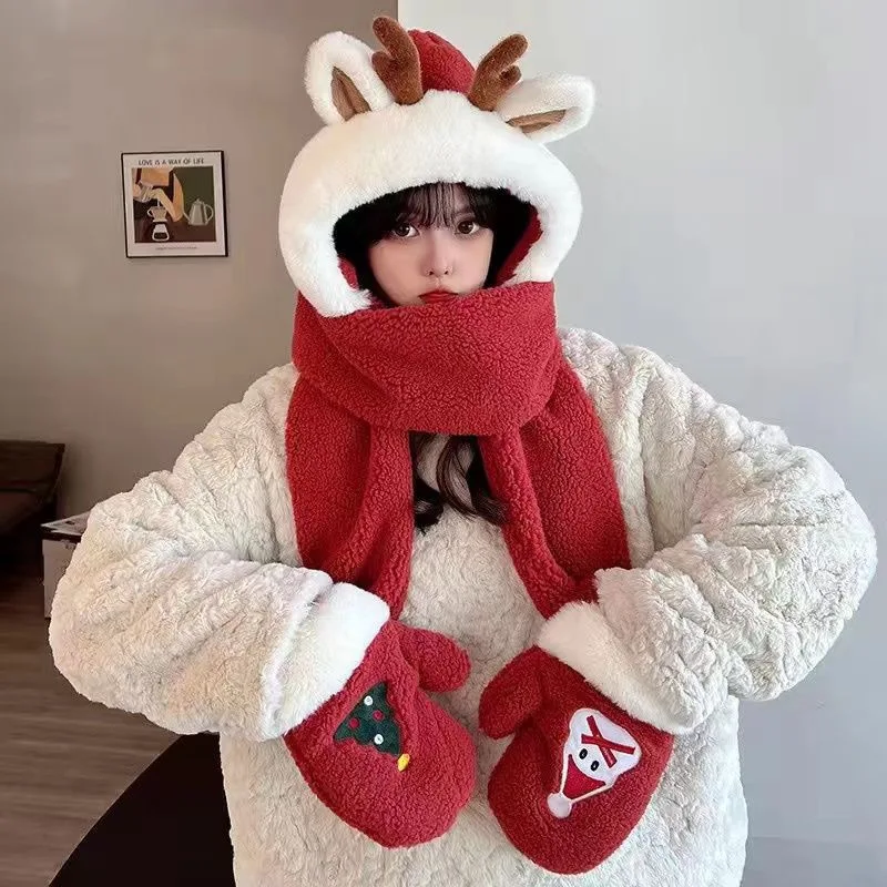 لطيف الشتاء الدب قبعة وشاح قفاز ثلاث قطع مجموعة للفتيات أفخم يندبروف وشاح دافئ ثلاثة في واحد السنة الجديدة وعيد الميلاد Ensem