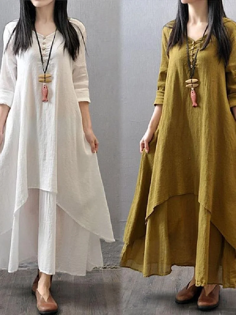 ชุดเดรสผ้าฝ้ายลินินสองชิ้นสำหรับผู้หญิง สไตล์หลวม ใส่สบาย ช่วยพรางหุ่น ไซส์ใหญ่ ลายศิลปะพื้นเมือง แขนยาว เหมาะสำหรับฤดูใบไม้ผลิและฤดูร้อน