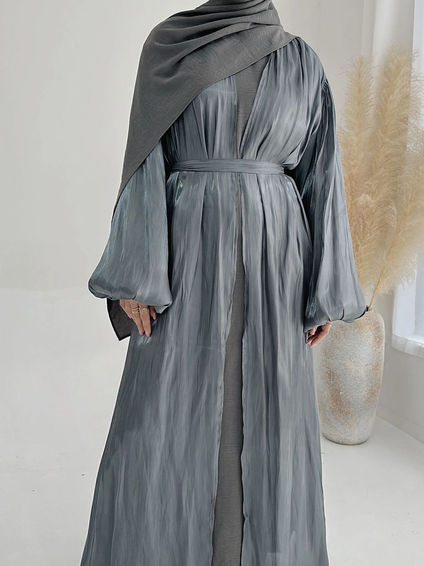 Eid Muslim Party Dress for Women Abaya with Scarf Hijab Silky Cardigan Jalabiya Long Dresses Morocco Kaftan Ramadan Gown Robe