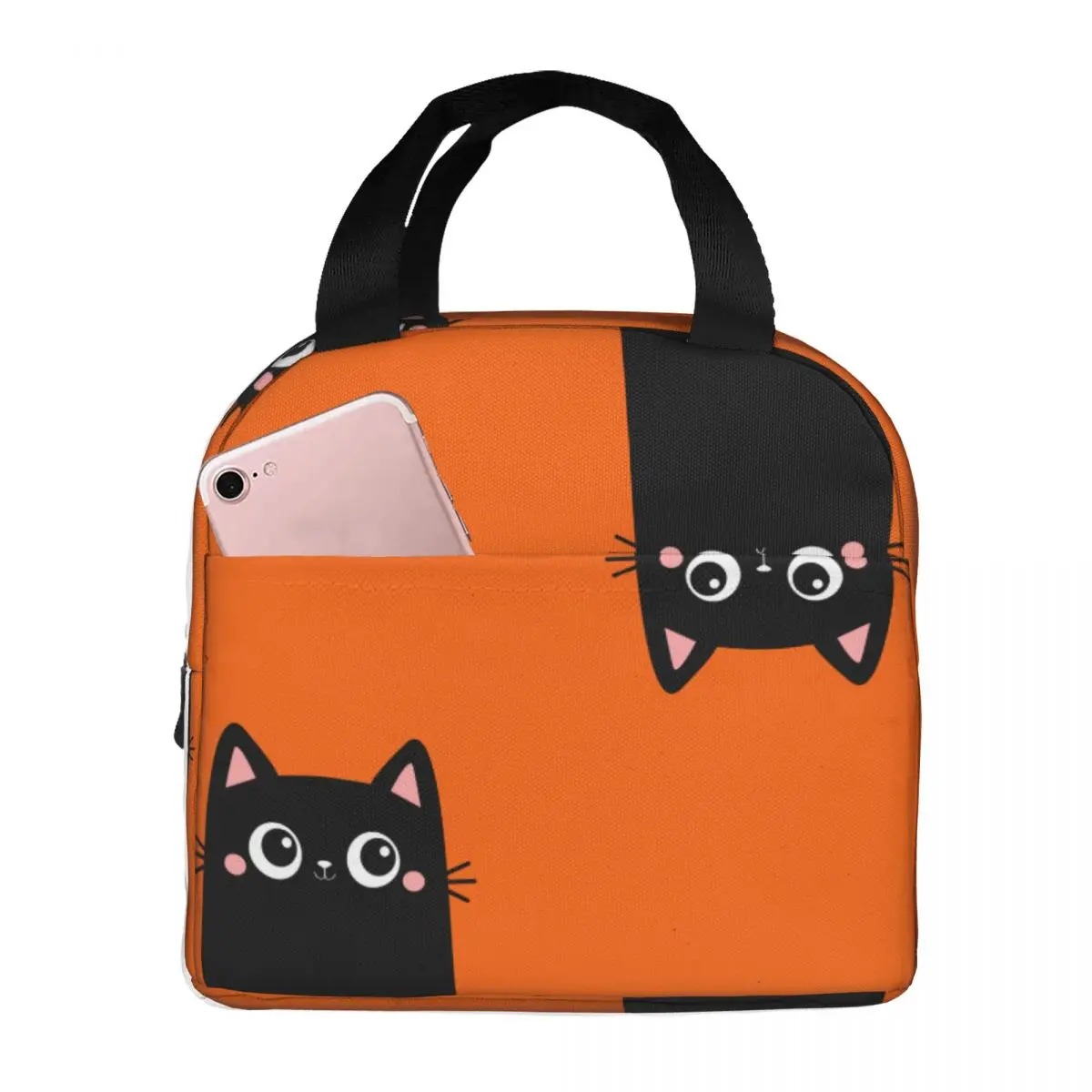 Sacos de almoço dois bonito gato gatinho preto rosto isolado refrigerador piquenique portátil engraçado kawaii preto gatos oxford tote sacos de armazenamento de alimentos