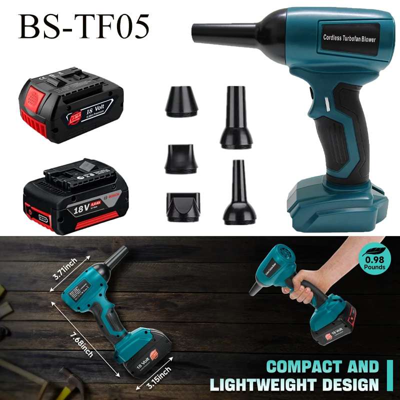 Powerful Brushless Motor Up To 130000RPM Cordless Turbo Fan Blower for Bosch 18V Lithium Ion Battery Equipped with 5 Blow Heads