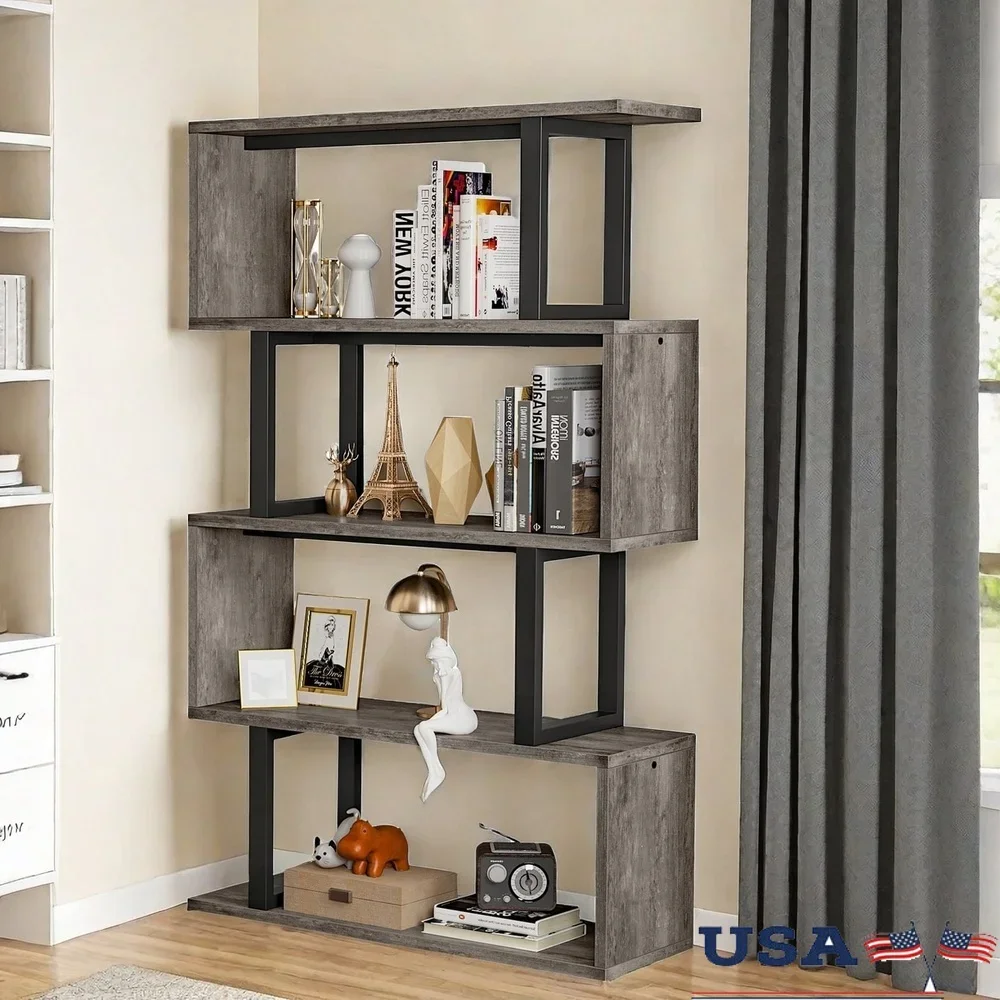 

5-Tier S-Shaped Bookshelf Geometric Bookcase Wooden Z-Shelf Modern Open Shelving Freestanding Storage Display Rack Home Office