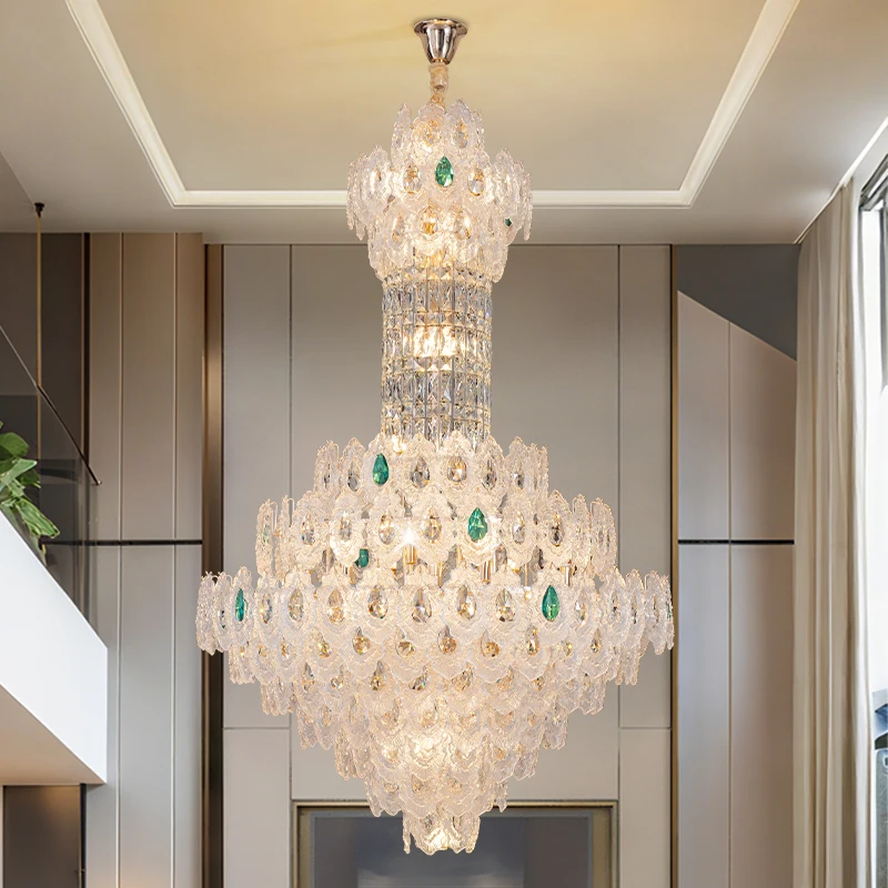 2026 New Duplex Building Hollow Living Room Light Luxury Crystal Chandelier Self Built Villa Lobby Staircase High-end Pendant