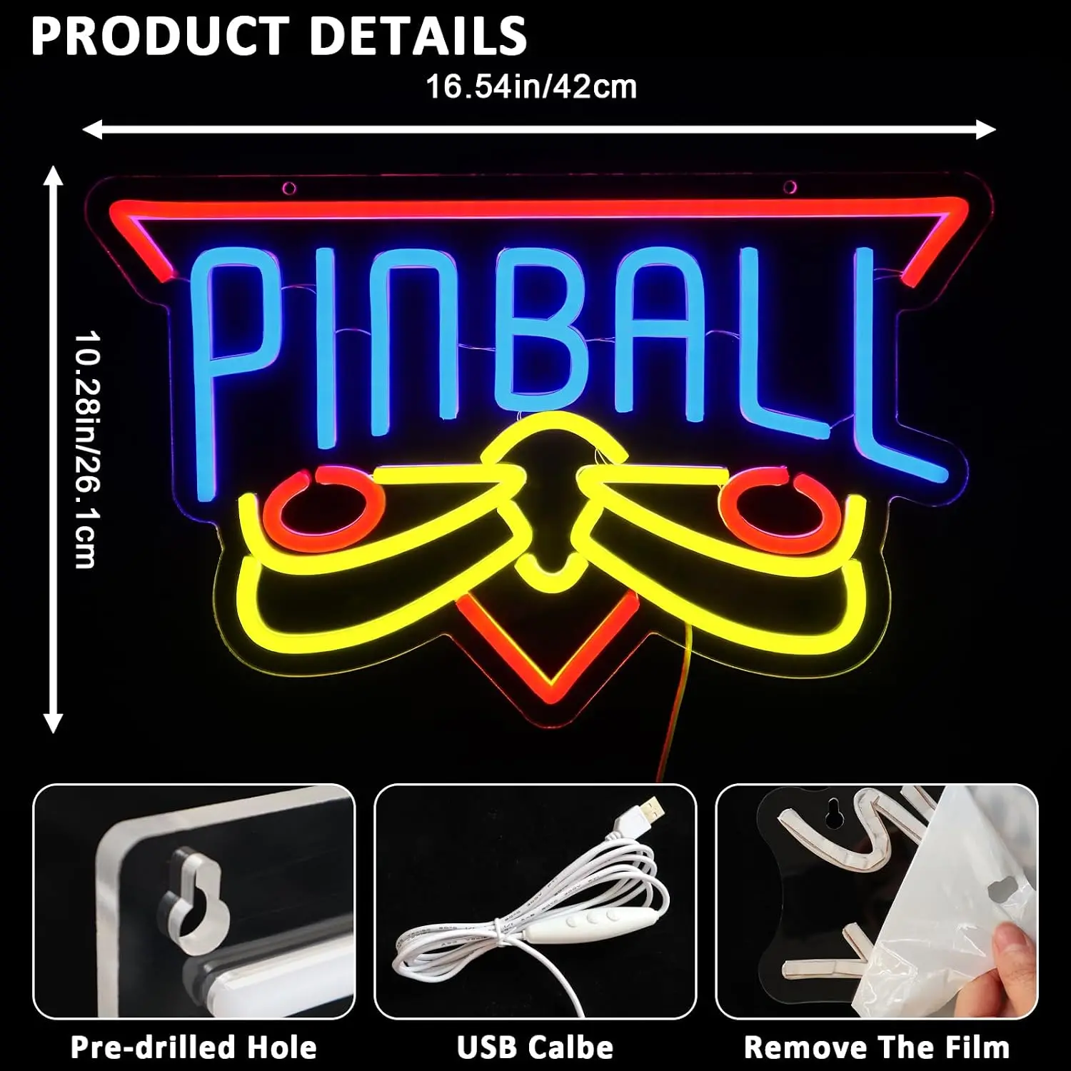 Pinball Machine LED Neon Sign USB Powered Arcade Game Themed Neon Light Game Room Bar Pinball Club Vintage Arcade Decor