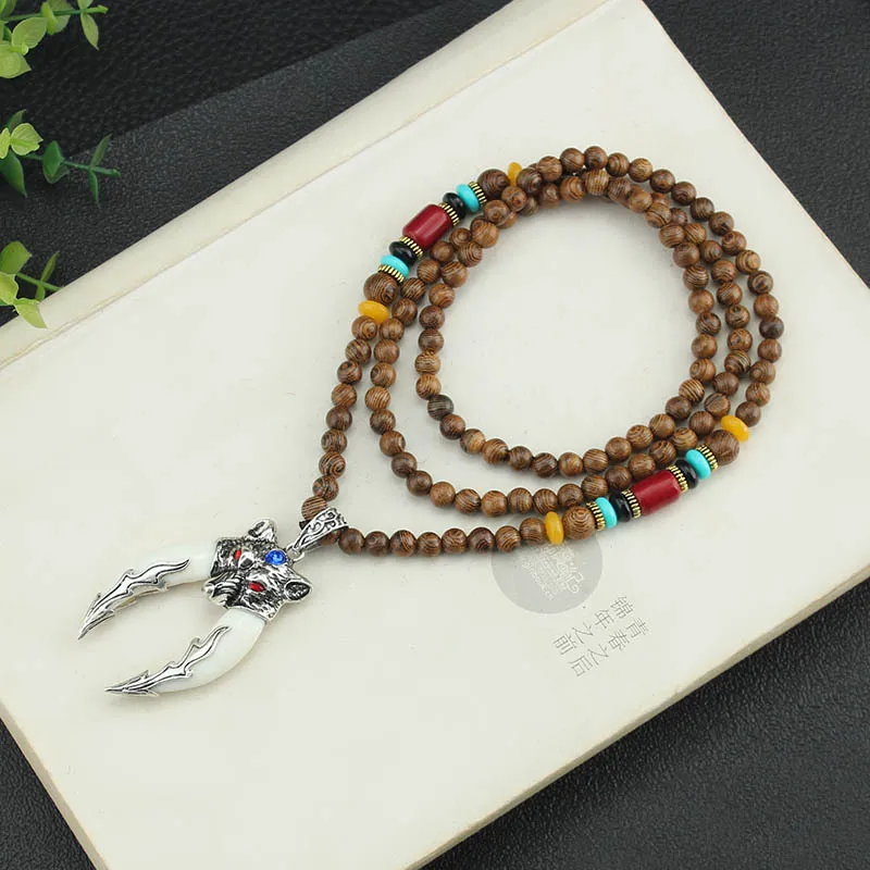 Handmade Nepal Buddhist Mala Wood Beads Pendant Necklace Boho Hippie Style Ethnic wolf tooth Pendant Men Women Lucky Jewelry