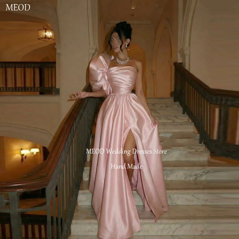 

MEOD Satin Dirty Pink Evening Dresses High Slit Strapless Prom Gown Backless One Shoulder A Line Robes De Soirée Customized