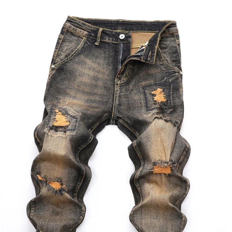 Fashion  Retro Jeans Men Punk Ripped Nostalgic Embroidery Embroidery Personality Distressed Patch Splicing Motorcycle Trousers