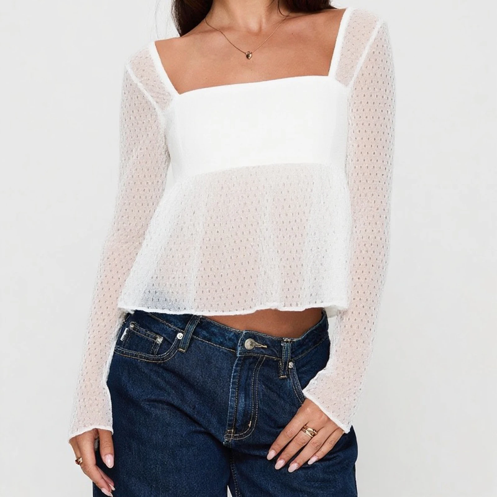 

Women See-Through Lace Tops Fashion Mesh Sheer Crop Top Fall Shirts Long Sleeve Square Neck Streetwear Female T-Shirt Clubwear