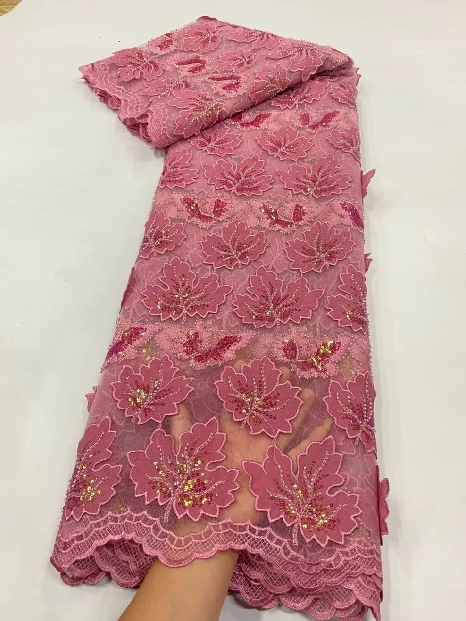 

2025 African Embroidery Lace Sequin Fabric,Beaded fabric,Party Dresse Tulle,Cotton Fabrics By The Meter,High Quality,5 Yards