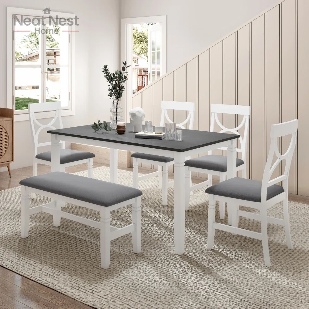 

6 Piece Kitchen Dining Room Table Set with Bench and Chairs Solid Wood Dining Table and Chairs Set for 6 Persons, Gray+White