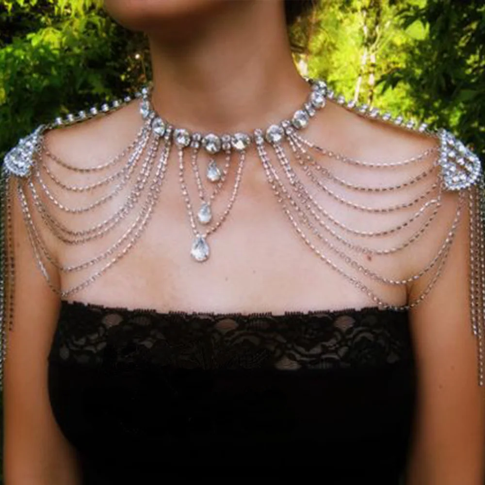 Rhinestone Crystal Handmade Bridal Shoulder Necklace Women Pageant Prom Wedding Jewelry Chain Necklaces