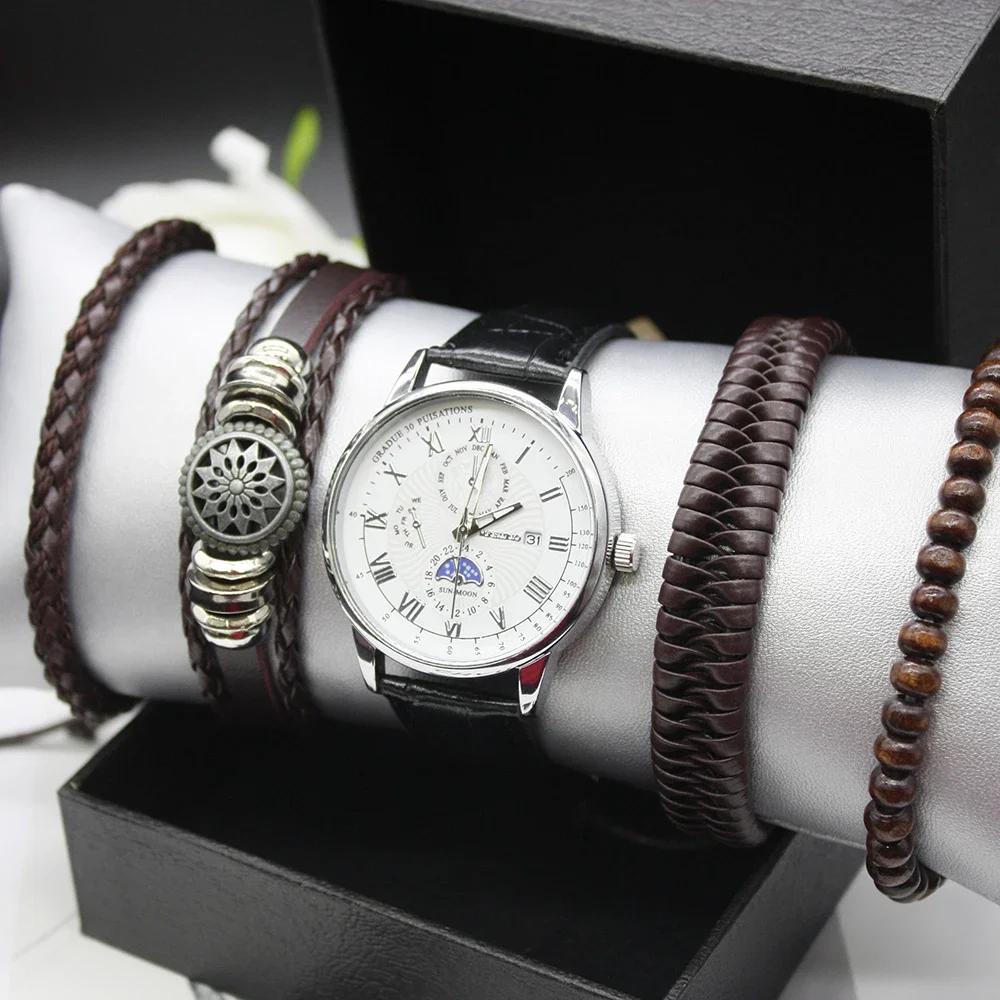 5pcs Set Men Casual Fashion Leather Strap Men Watches Bracelets Box New Best Selling Original Brand Watches for Men