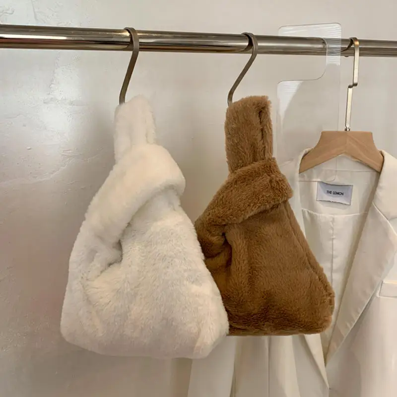 

Imitation Mink Fur Handbag For Women New Simple Underarm Bag Handbag Soft Plush Small Shoulder Bag Warm Fluffy Handbag Winter