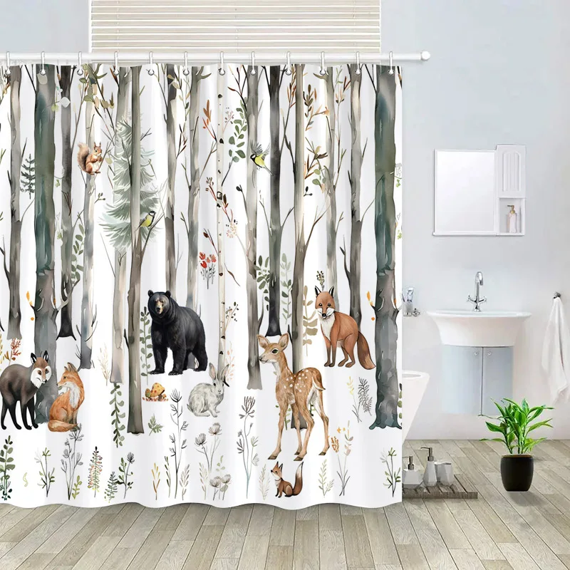 

Winter Forest Animals Shower Curtain Black Bear Fox Deer Squirrel Rabbit Watercolour Art Scenery Bath Curtain Set Bathroom Decor