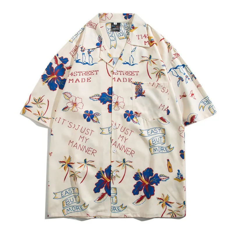 Men Short Sleeve Shirts Y2K Vintage Harajuku Flower Print Streetwear Summer HipHop Retro Hawaiian Holidays Man Loose Tops Shirts image 5