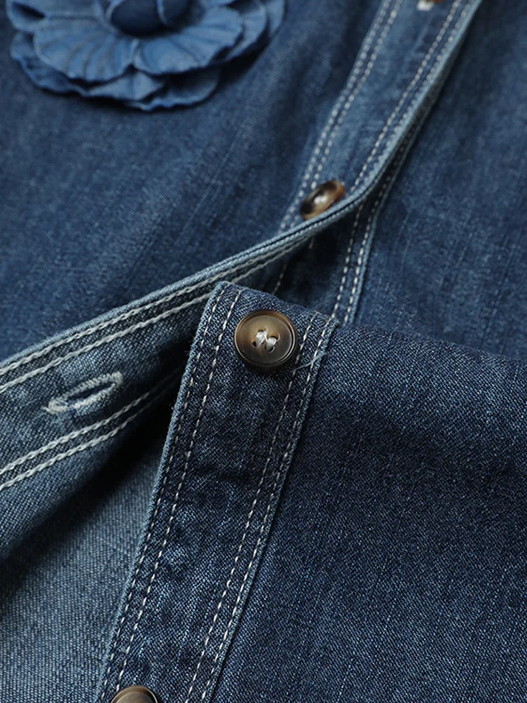 Loose Women's Denim irt Floral Decorative Hong Kong Sle Coat Cotton Basic Fit Six Sve Flannel Faionable Outerwear