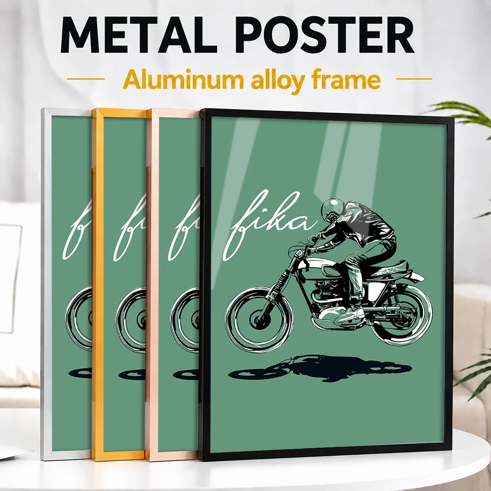 Motorcycle Rider Fika Lettering Framed Metal Print Personalized Retro Graphic Wall Art For Living Room Or Workshop, Biker Gift