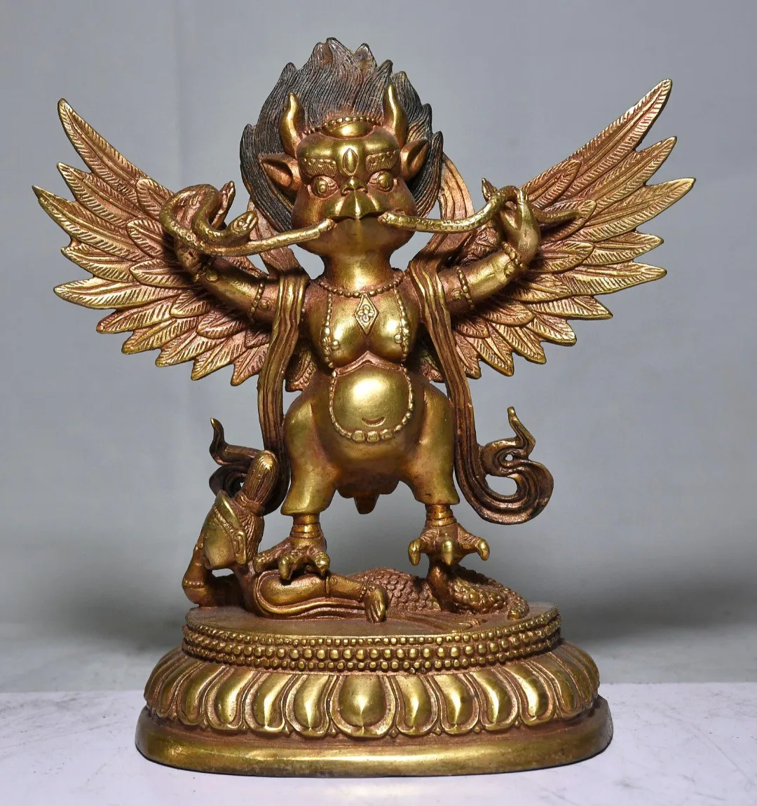 Tibetan Old Yellow Copper Buddha Pure Copper Plated Gold Dapeng Golden Winged Bird Carved Buddha Statue Decoration 17cm Home Bud