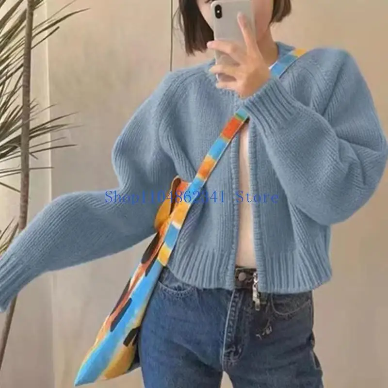

5ASD вязаный кардиганский свитер с замыканием на молнии Стильная и универсальная урожая верхняя одежда для женщин