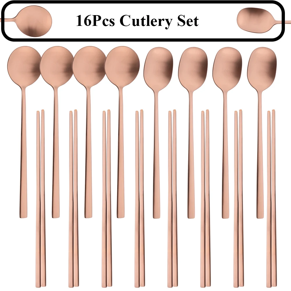 

16 шт. роскошная посуда из розового золота, набор столовых приборов из нержавеющей стали, матовый набор посуды, обеденные ложки, палочки для суши, набор столовых приборов