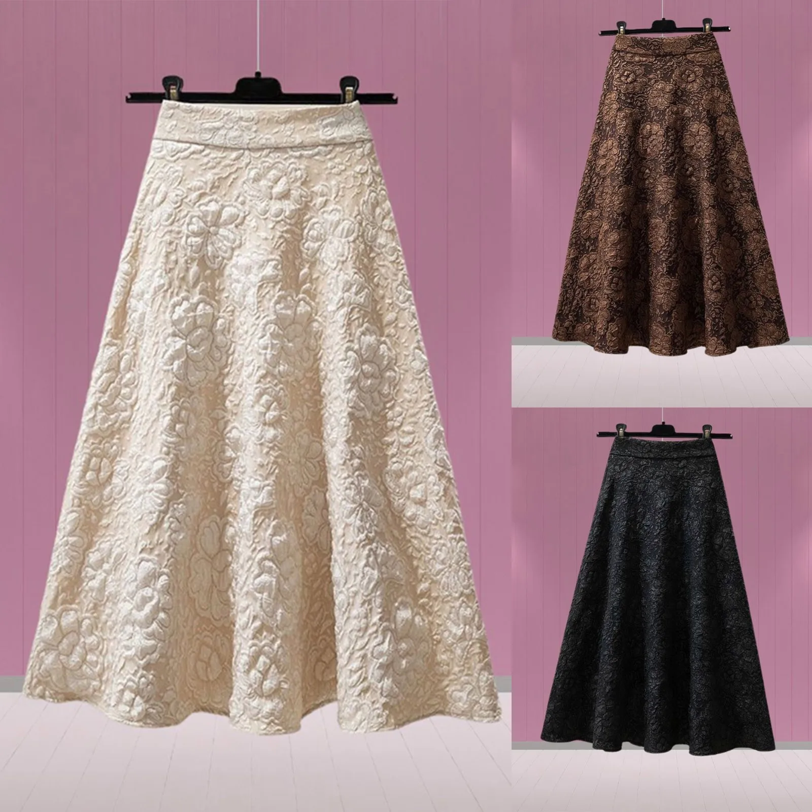 A-line Elastic High Waist Pleated Midi Skirt For Women Vintage Solid Color Lace Plus Size 4xl Long Skirt Elegant All-match Skirt