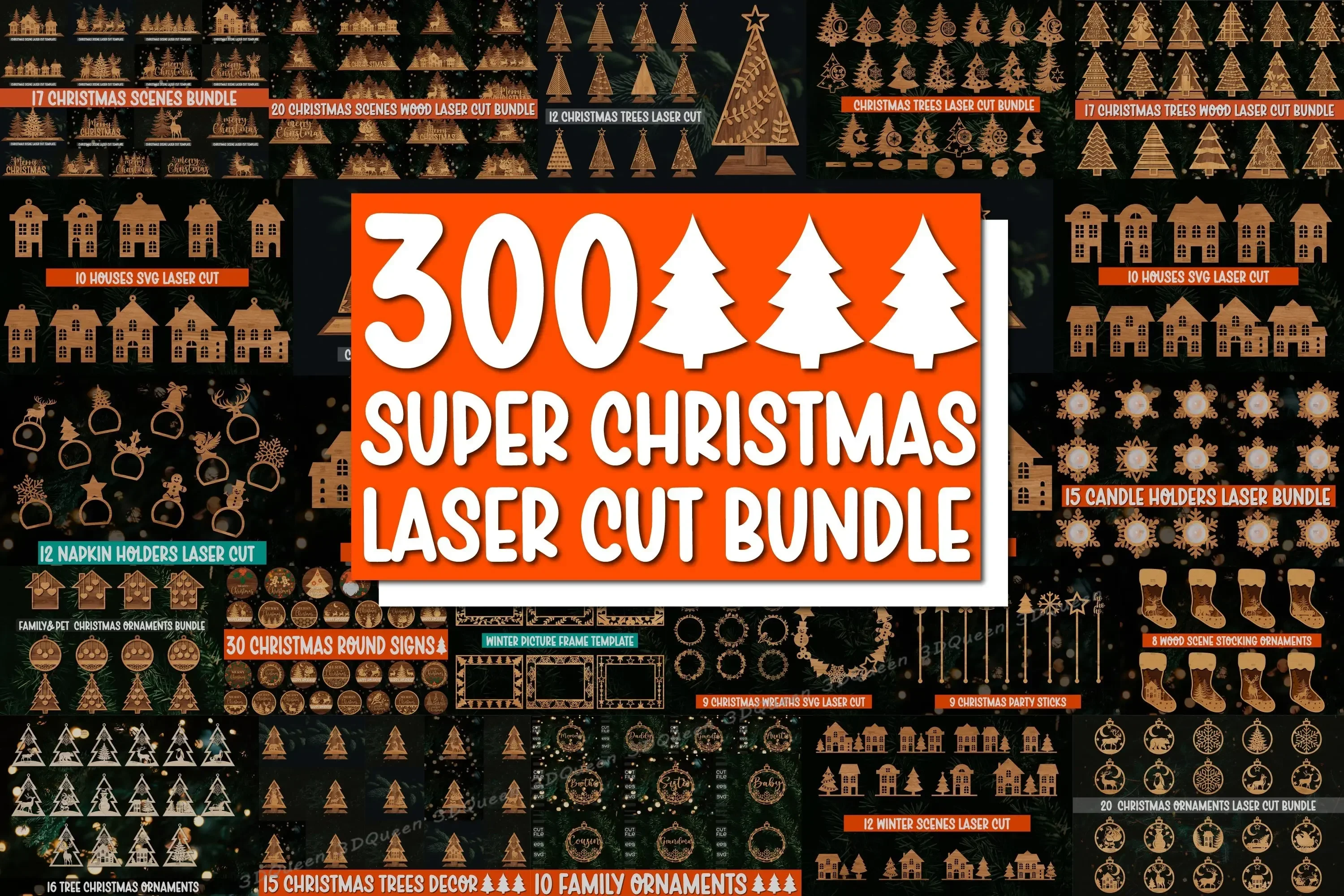 300 Super Christmas Laser Cut Bundle Christmas SVG bundle for CNC Laser Cutting SCENES Party Sticks FAMILY PET ROUND TREES HOUSE