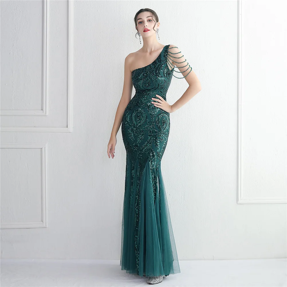 DEERVEADO One Shoulder Emerald Green Sequins Evening Dress for Women Elegant Bodycon Party Maxi Dress Formal Dress Evening Gown