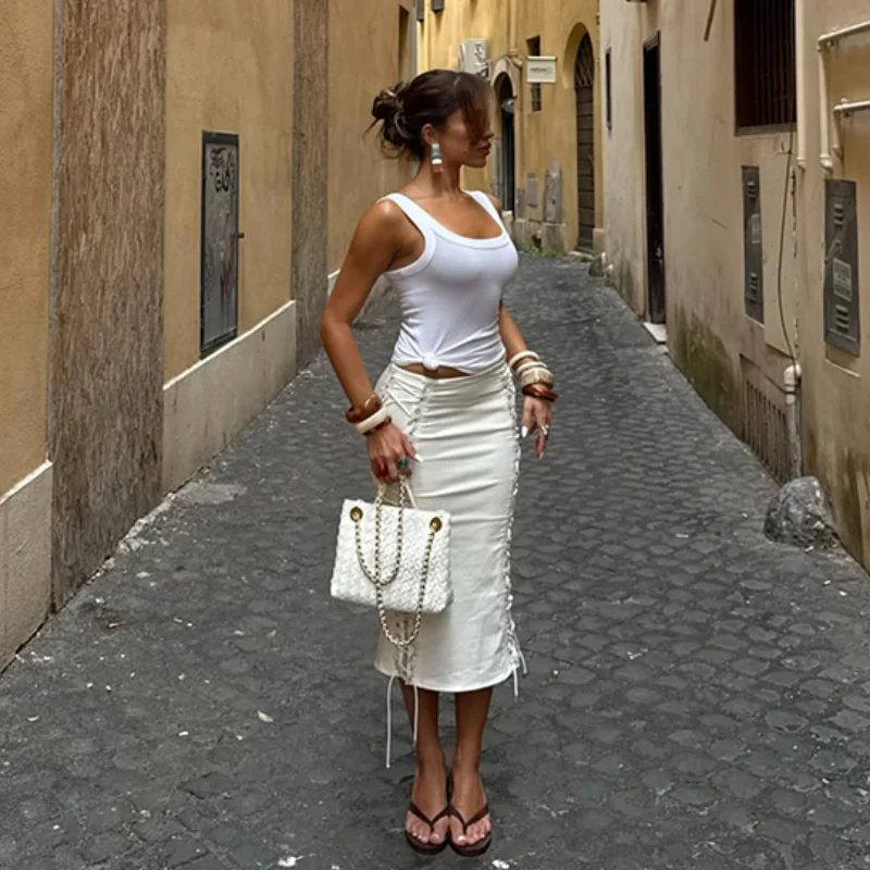 Minimal Versatile Midi Skirt Lace Up Elegant Stylish Women Skirts Street Casual Chic Daily Summer Trendy Bottoms