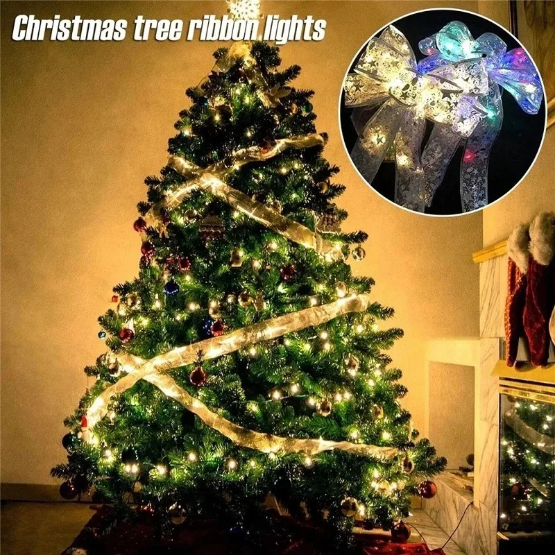 

1/2/5M LED Ribbon Fairy Lights Christmas Tree Ornaments Lace Bows String Lights Battery Operated New Year Navidad Home Decor