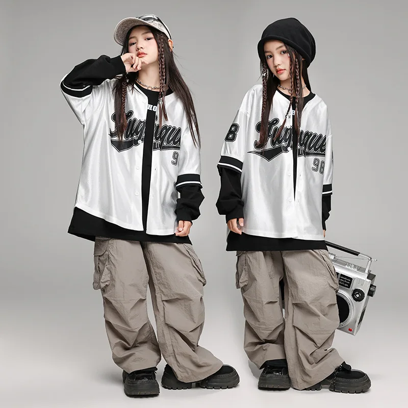 

Kid Hip Hop Clothing Silver Baseball Cardigan Shirt Gray Lightweight Pleated Cargo Pants for Girl Boy Jazz Dance Costume Clothes