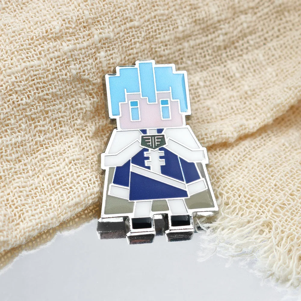 Cartoon Anime Characters Pixel Art Brooch Cute Minimalist Block Youth Metal Badge Blue Hair Knight Uniform Lapel Pin Fans Gift
