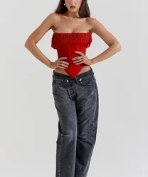2024 Strapless Fishbone Pearls Corset Tops Women Fashion Y2k Tops Lady Going Out Club Party White Crop Top Red Sexy Top
