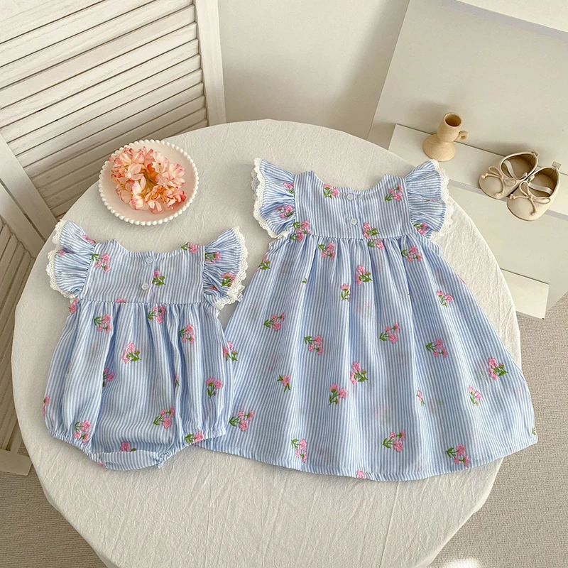 2026 New Summer 2-6Yrs Princess Round Neck Dress Striped Baby Girl Dress Flying Sleeve Cotton Embroidery Blue Sweet Dress