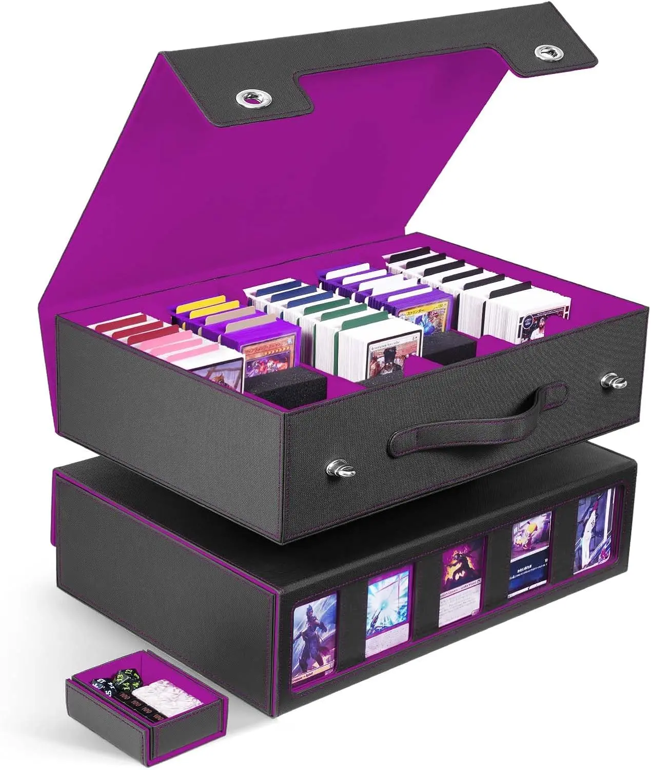 

5-Row Trading Card Storage Box with Handle, Holds 3900+ Cards and Top Loaders, Commander Display Included (Black&Purple)