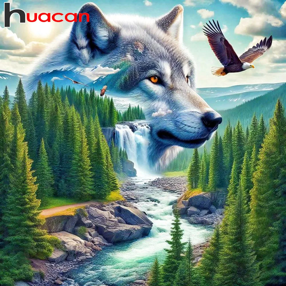 Huacan Vollständiges Diamant-Gemälde Wolf im Wald Diamant-Mosaik Tier-Landschaft Neu 2026 Strass-Bilder