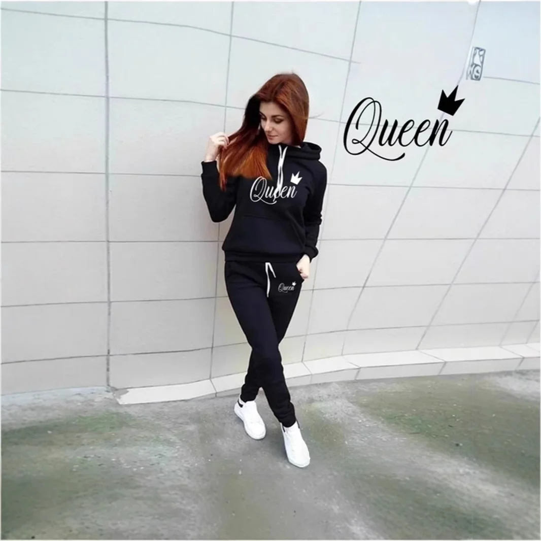 طقم سويت شيرت نسائي كاجوال بقلنسوة بقصة ضيقة مطبوعة ملابس الشارع للخريف والشتاء موضة شعار الملكة مخصص بأكمام طويلة